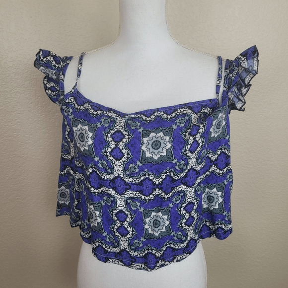 RP4LF Tops - RP4LF Blue Gray and White Geometric Cropped Top Large (6887)
